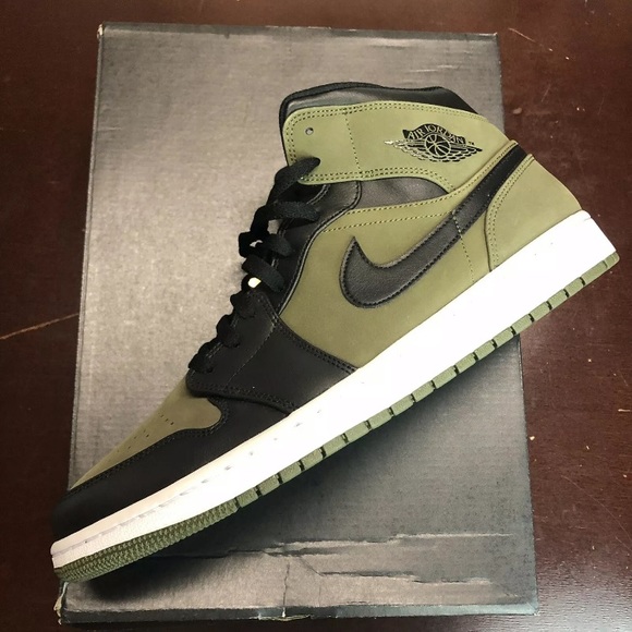Air Jordan 1 Mid Olive Canvas Basketball Shoes - Picture 2 of 4